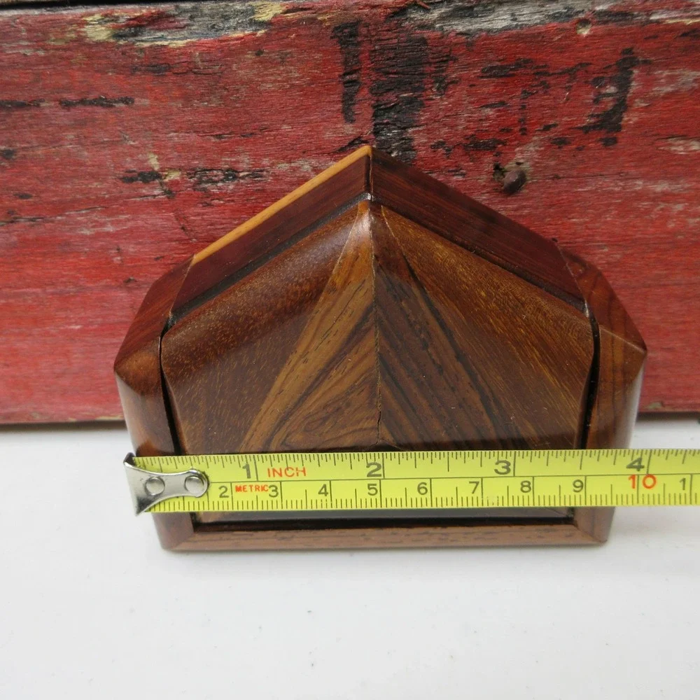 Vintage Geometric Wood Trinket Box Dark Light Brown Octagon Shape Felt Lined